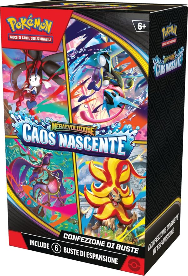 Bundle 6 buste Pokémon Megaevoluzione Caos Nascente edizione italiana con Mega Greninja-ex, Mega Floette-ex, Mega Dragalge-ex e Mega Pyroar-ex sulla confezione