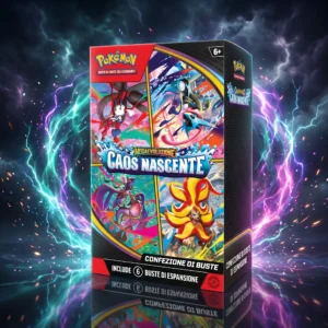 Bundle 6 buste Pokémon Megaevoluzione Caos Nascente in italiano tra vortici di energia viola e turchese