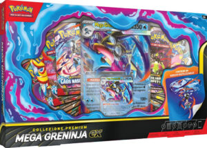 Collezione Premium Mega Greninja ex del GCC Pokémon in versione italiana con carta promo foil, carta lenticolare gigante, adesivo riutilizzabile e 8 buste di espansione