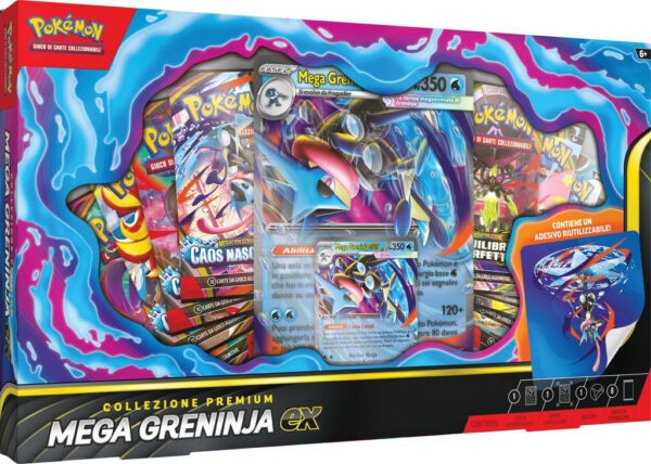 Collezione Premium Mega Greninja ex del GCC Pokémon in versione italiana con carta promo foil, carta lenticolare gigante, adesivo riutilizzabile e 8 buste di espansione