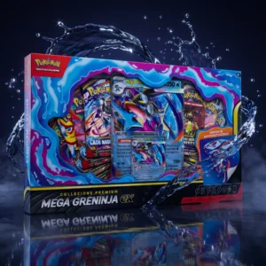 Collezione Premium Mega Greninja del GCC Pokémon in italiano avvolta da uno splash d'acqua notturno stile ninja