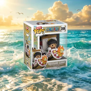 Funko Bitty Pop! Thousand Sunny con Luffy di One Piece tra le onde turchesi di un oceano al tramonto