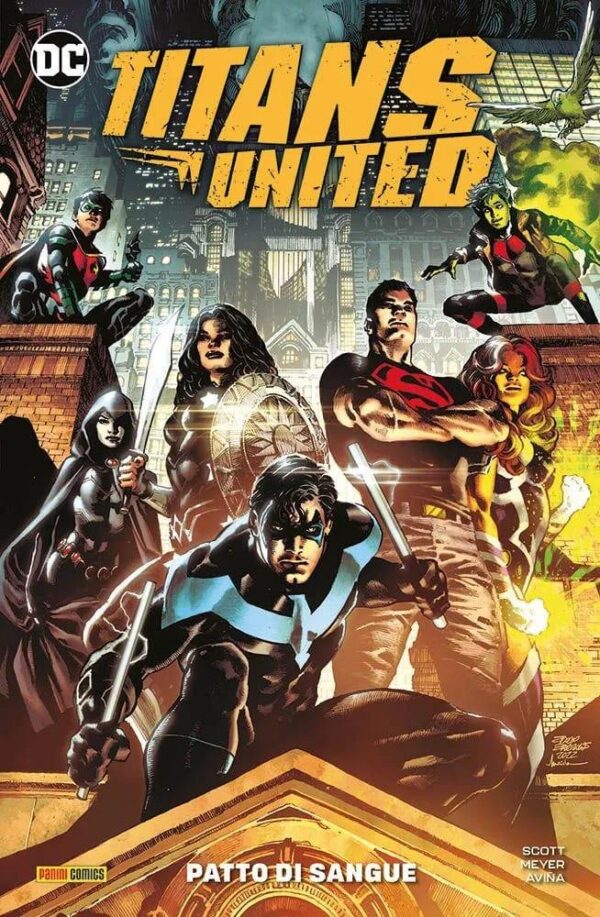 Copertina del fumetto Titans United Patto di Sangue, edizione italiana Panini Comics / DC / Marvel / Disney di Cavan Scott & Lucas Meyer
