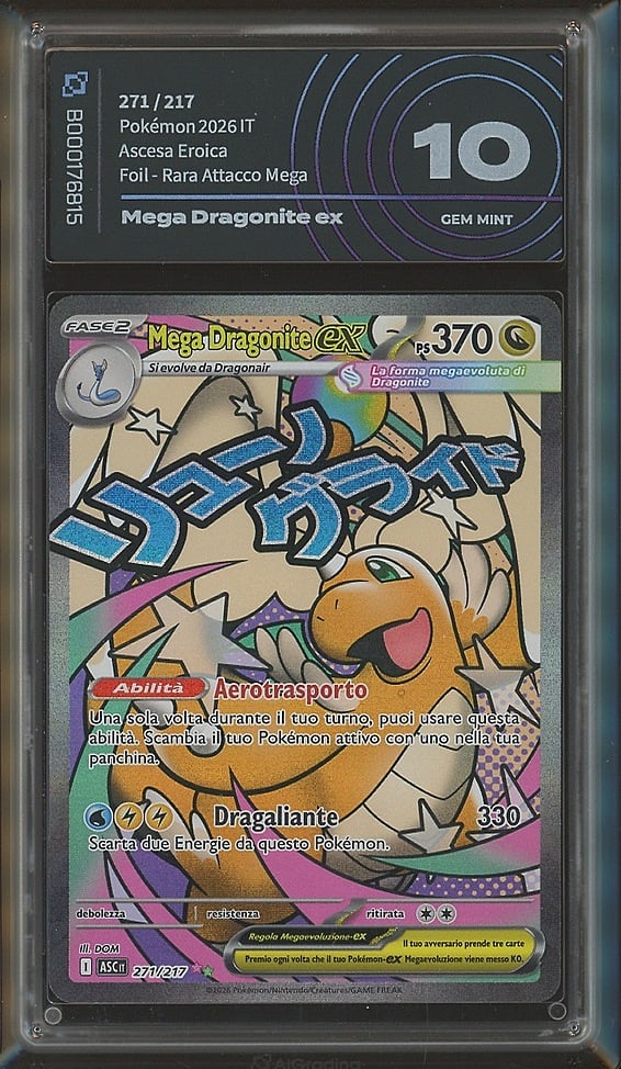 Mega Dragonite ex B000176815 fronte Mega Dragonite ex 271/217 · Ascesa Eroica · Gradata AiGrading · Gem Mint 10