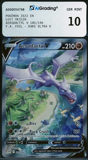 Aerodactyl V 180/196 Lost Origin alt art gradata AiGrading 10 Gem Mint — fronte slab, cert A000054798
