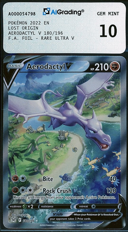 Aerodactyl V 180/196 Lost Origin alt art gradata AiGrading 10 Gem Mint — fronte slab, cert A000054798