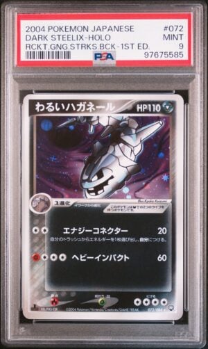 Dark Steelix Rocket Gang Strikes Back 072/084 1st Edition gradata PSA MINT 9 — fronte slab, cert 97675585