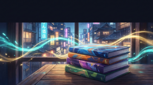 Pila di volumi manga con sovraccoperte colorate su un tavolo, avvolta da luci turchesi e magenta che richiamano l'atmosfera soprannaturale di Dandadan.