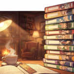 Pila di volumi manga con sovraccoperte colorate su una scrivania in legno, illuminata da una lampada da lettura accesa in un ambiente serale accogliente.
