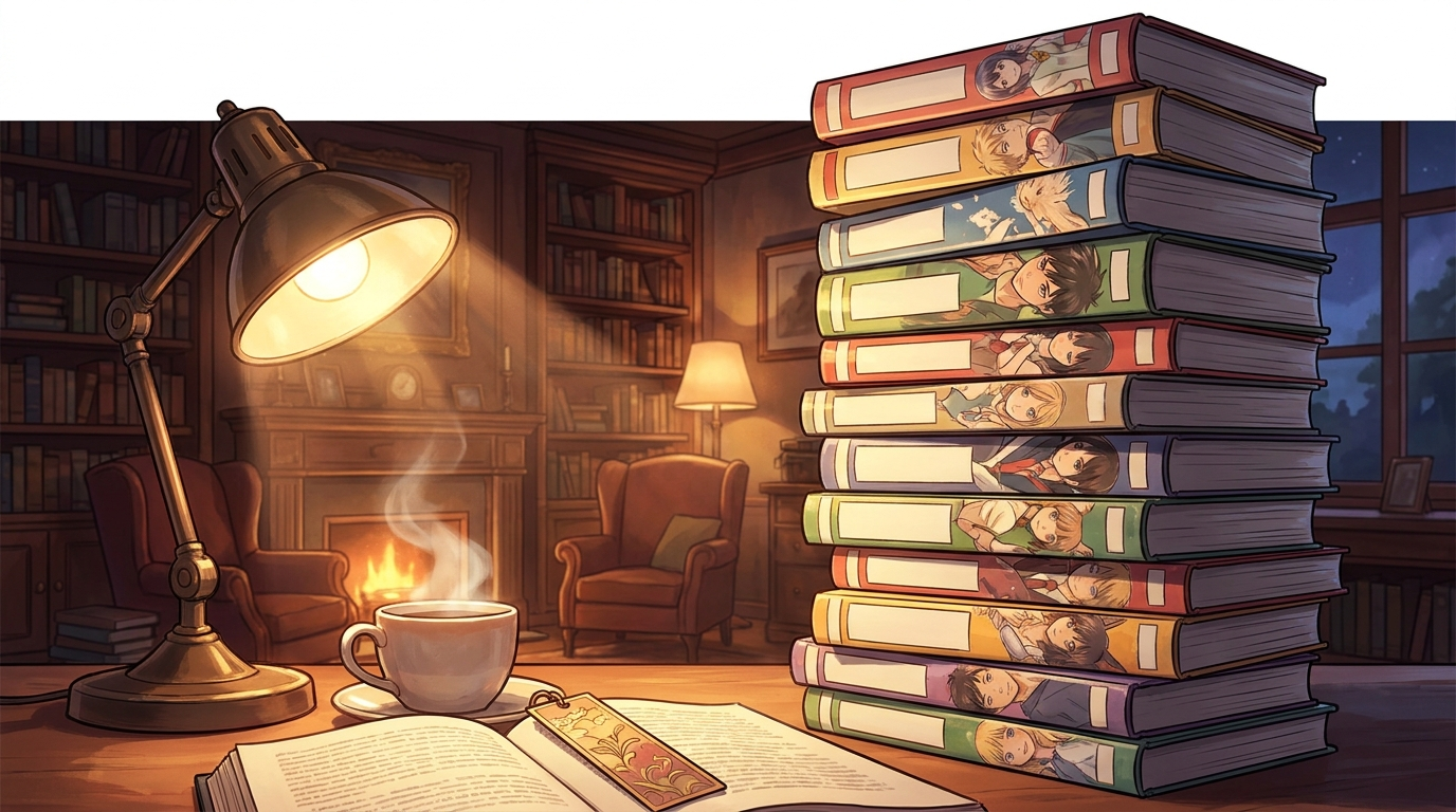 Pila di volumi manga con sovraccoperte colorate su una scrivania in legno, illuminata da una lampada da lettura accesa in un ambiente serale accogliente.