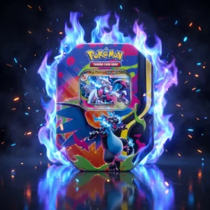Tin da collezione Pokémon Mega Charizard X-ex edizione italiana con fiamme blu elettrico e sfondo cinematografico