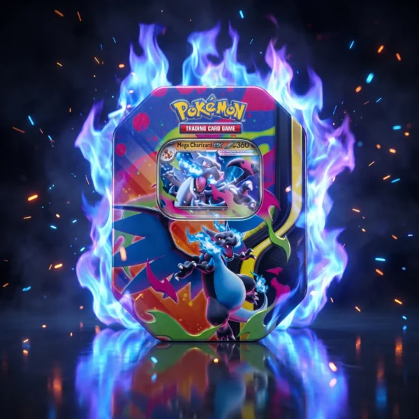 Pokémon Tin da Collezione Mega Charizard X-ex (ITA) Tin da collezione Pokémon Mega Charizard X-ex edizione italiana con fiamme blu elettrico e sfondo cinematografico