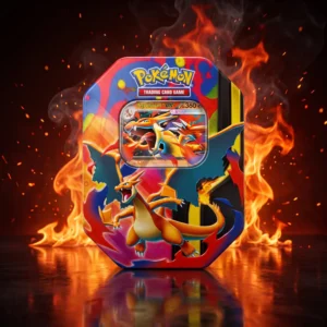 Tin da collezione Pokémon Mega Charizard Y-ex edizione italiana con fiamme arancioni e sfondo cinematografico