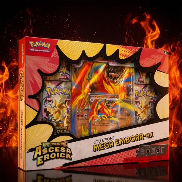 Box collezione Pokémon Megaevoluzione Ascesa Eroica Mega Emboar-ex edizione italiana con fiamme arancioni e sfondo cinematografico