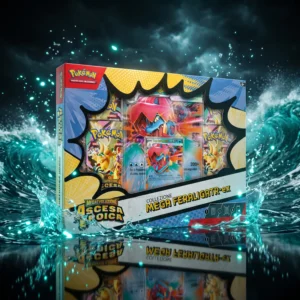 Box collezione Pokémon Megaevoluzione Ascesa Eroica Mega Feraligatr-ex edizione italiana con onde d'acqua turchesi e sfondo cinematografico