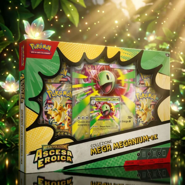 Box collezione Pokémon Megaevoluzione Ascesa Eroica Mega Meganium-ex edizione italiana con foglie verdi luminose e sfondo cinematografico