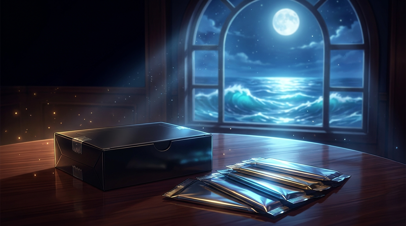 Booster box sigillato di carte collezionabili con packs a ventaglio su sfondo oceano notturno, immagine di copertina della guida al set OP-18 di One Piece Card Game.