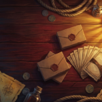 Booster box sigillati e packs di carte collezionabili disposti su un tavolo di legno con mappa nautica, bussola in ottone e monete dorate in stile pirata.