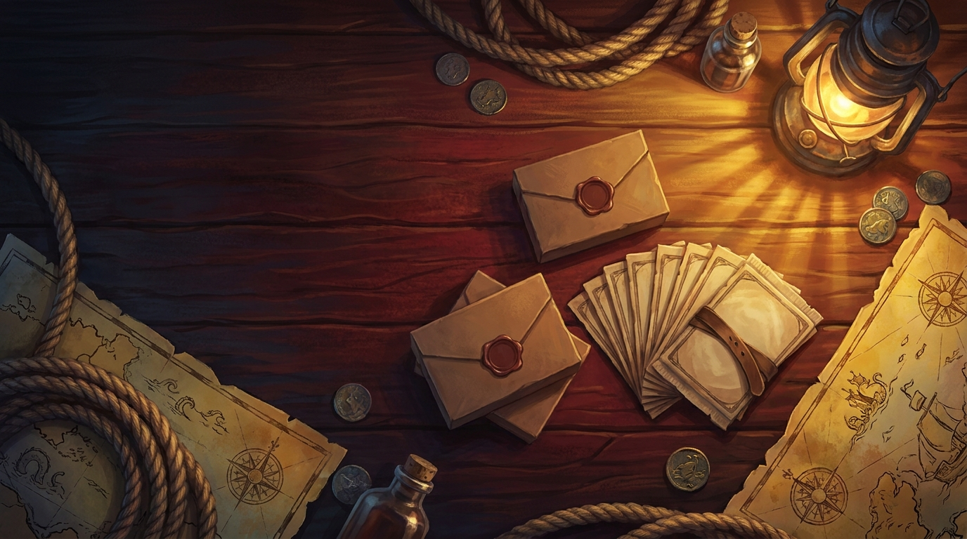 Booster box sigillati e bustine di carte collezionabili disposti su un tavolo di legno con mappa nautica, bussola in ottone e monete dorate in stile pirata.