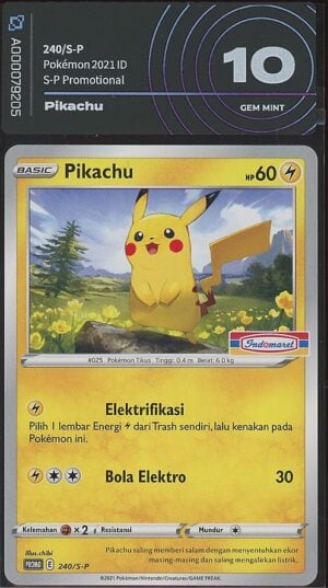 Pikachu 240/S-P promo Indomaret gradata AiGrading 10 Gem Mint — fronte slab, cert A000079205