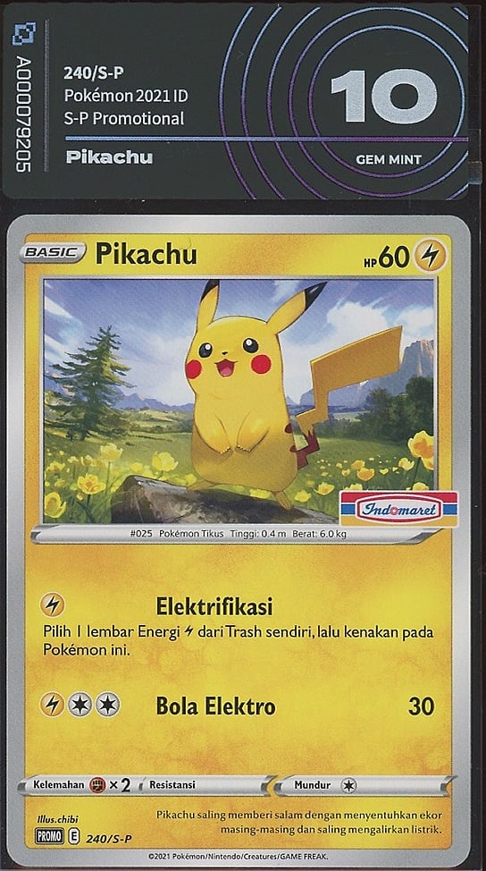 Pikachu 240/S-P promo Indomaret gradata AiGrading 10 Gem Mint — fronte slab, cert A000079205