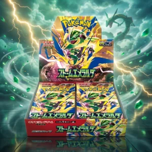 Booster box giapponese Pokémon Storm Emeralda M6 in una tempesta di smeraldo con fulmini dorati e la sagoma di Rayquaza tra le nuvole