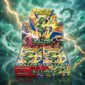 Booster box giapponese Pokémon Storm Emeralda M6 in una tempesta di smeraldo con fulmini dorati e la sagoma di Rayquaza tra le nuvole