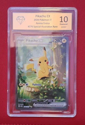 Pikachu ex 276/217 Ascesa Eroica gradata Swiss Premium Grading 10 Diamond, fronte dello slab