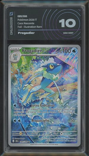 Frogadier 089/086 · Caos Nascente (ME04) · Graded by AiGrading · Gem Mint 10 fronte