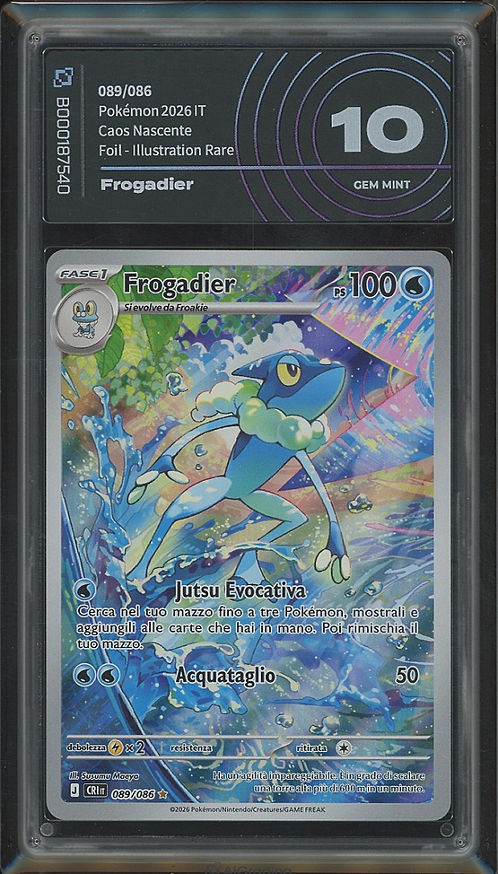 Frogadier 089/086 · Caos Nascente (ME04) · Gradata AiGrading · Gem Mint 10 fronte Frogadier 089/086 · Caos Nascente (ME04) · Gradata AiGrading · Gem Mint 10 fronte