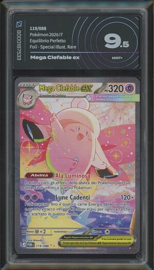 Mega Clefable ex 119/088 · Equilibrio Perfetto (ME03) · Graded by AiGrading · Mint+ 9.5 fronte