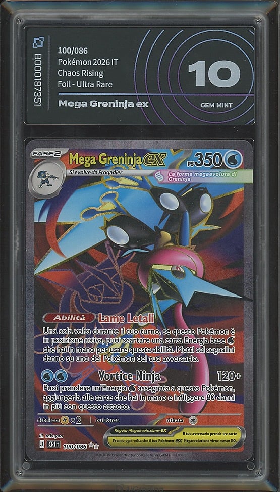 Mega Greninja ex 100/086 · Caos Nascente (ME04) · Graded by AiGrading · Gem Mint 10 fronte